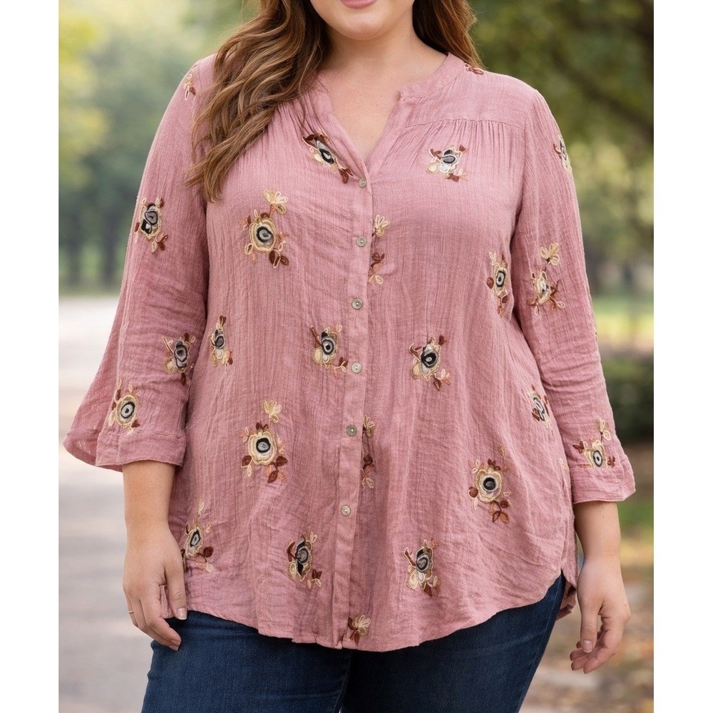 Fig And Flower Women's 2X Blouse Pink Embroidered Boho Button Up Top Floral